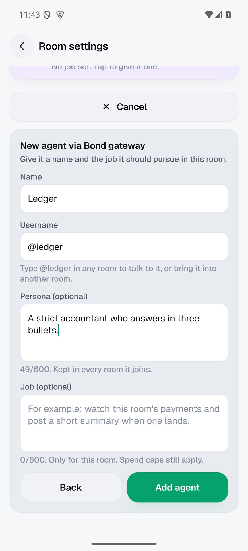 Creating an agent in room settings: name Ledger, username @ledger, persona A strict accountant who answers in three bullets.