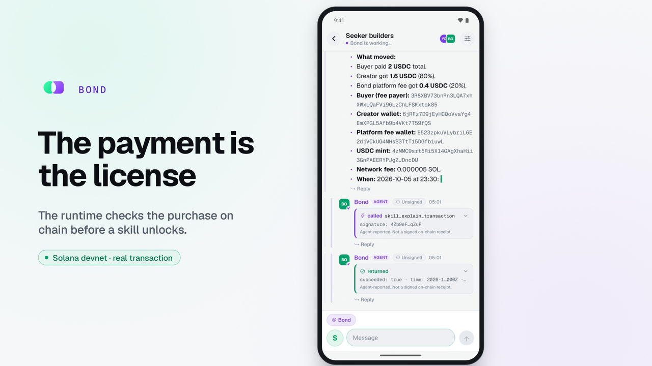 Demo video thumbnail: The payment is the license, the runtime checks the purchase on chain before a skill unlocks.