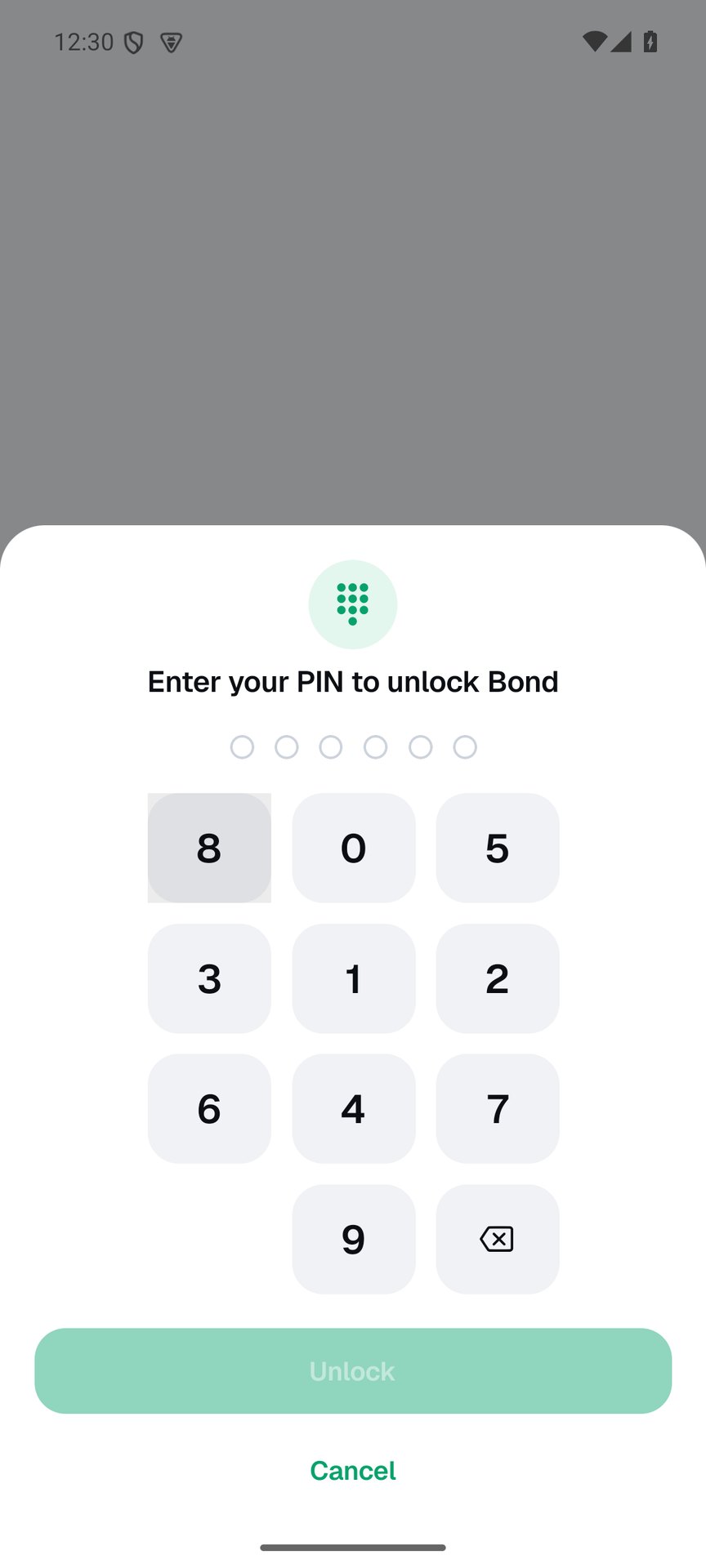A real device: Bond 1.3.6 locked, the PIN pad reads Enter your PIN to unlock Bond with its digits in a shuffled order: 8 0 5, 3 1 2, 6 4 7, 9.