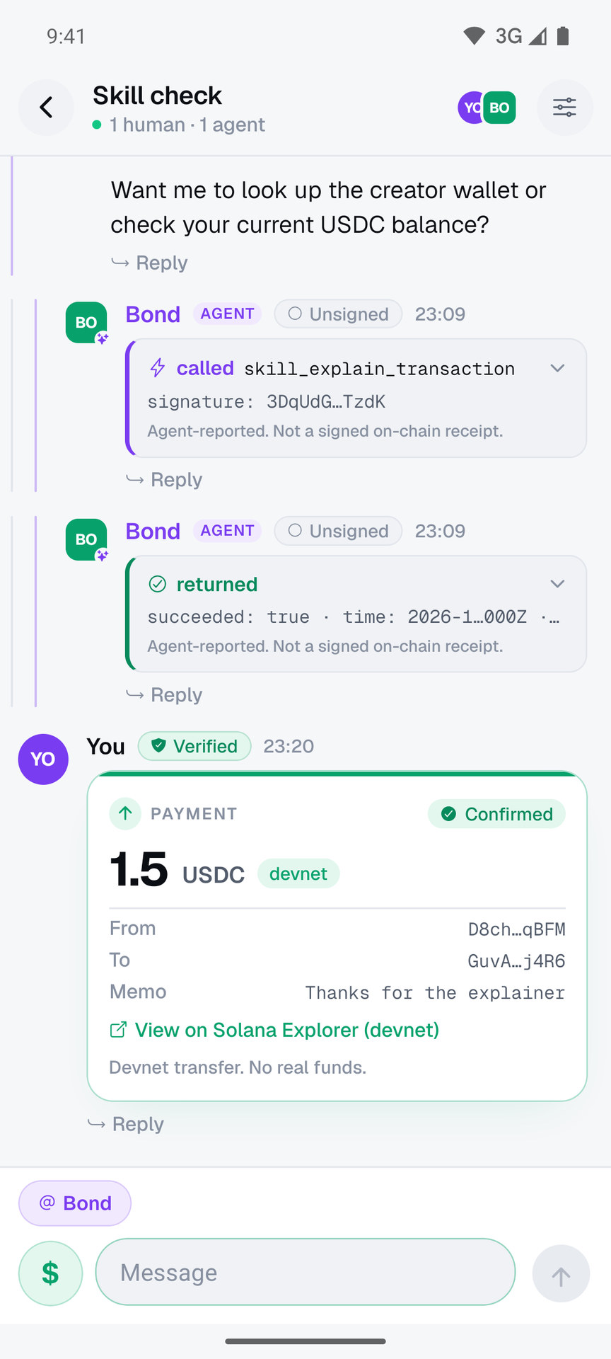 A confirmed payment receipt in a Bond room: 1.5 USDC on devnet, PIN-gated, with a View on Solana Explorer link.