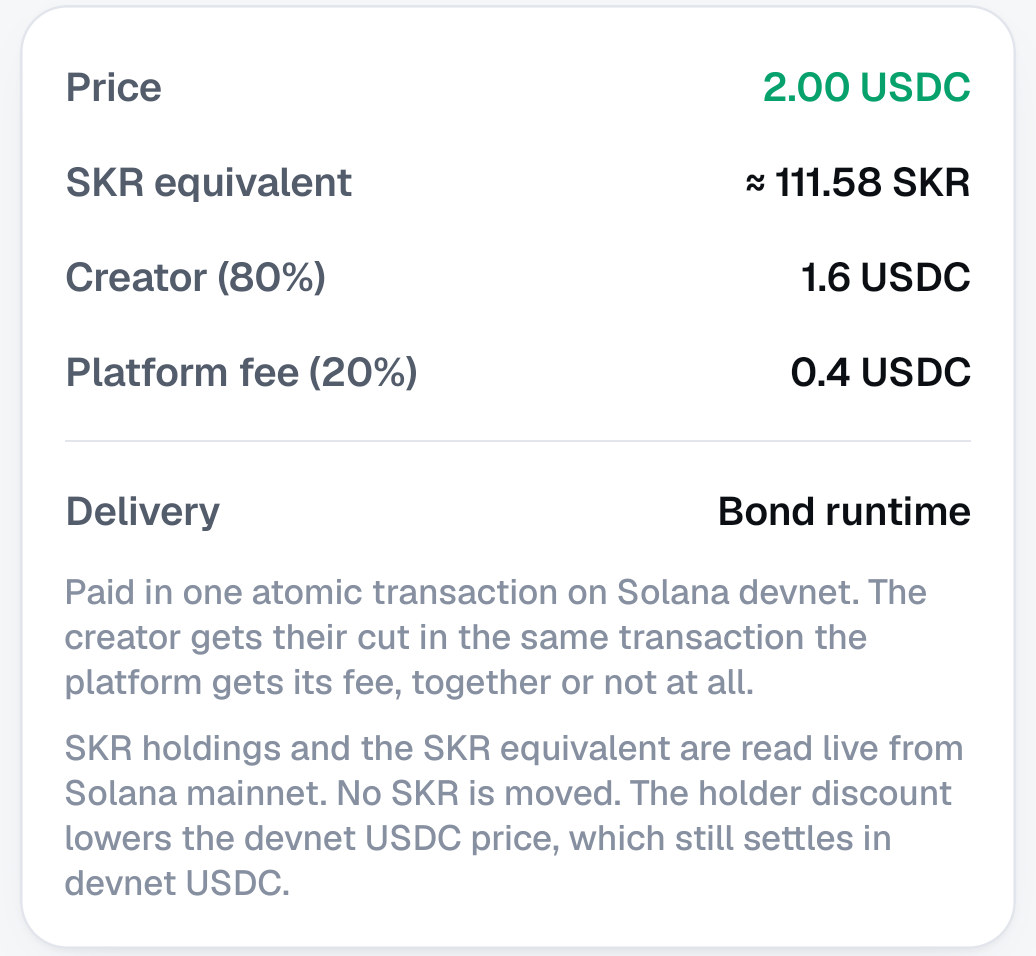 The Tx Explainer price card from the signed APK: price 2.00 USDC, SKR equivalent about 111.58 SKR, creator 80 percent 1.6 USDC, platform fee 20 percent 0.4 USDC, delivered by the Bond runtime.