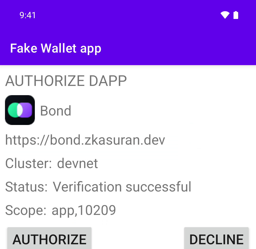 Solana Mobile's reference test wallet asking to authorize Bond at https://bond.zkasuran.dev on devnet, with Status: Verification successful.