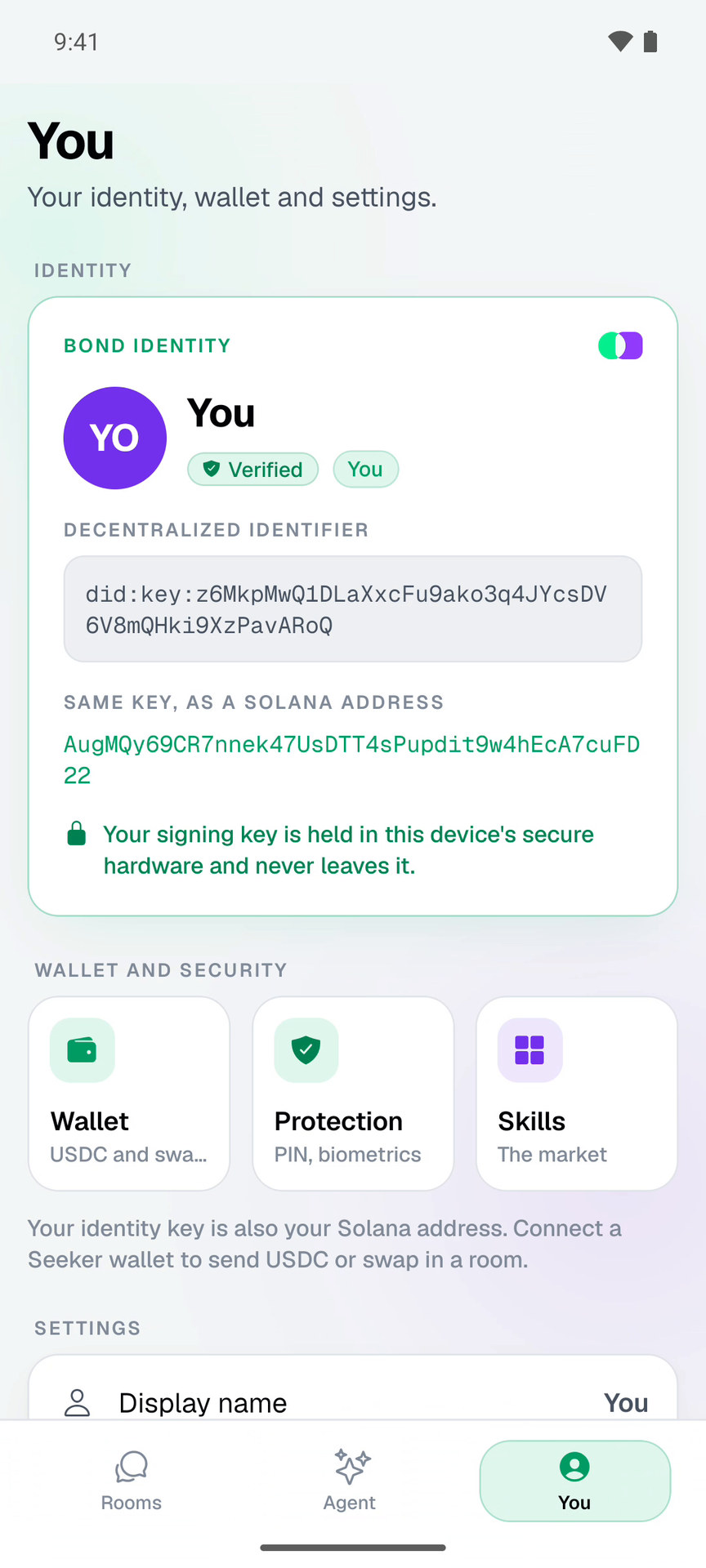 The You tab on a real device: Bond identity card with a Verified badge, the decentralized identifier did:key:z6MkpMwQ…PavARoQ and, below it, the same key as a Solana address.